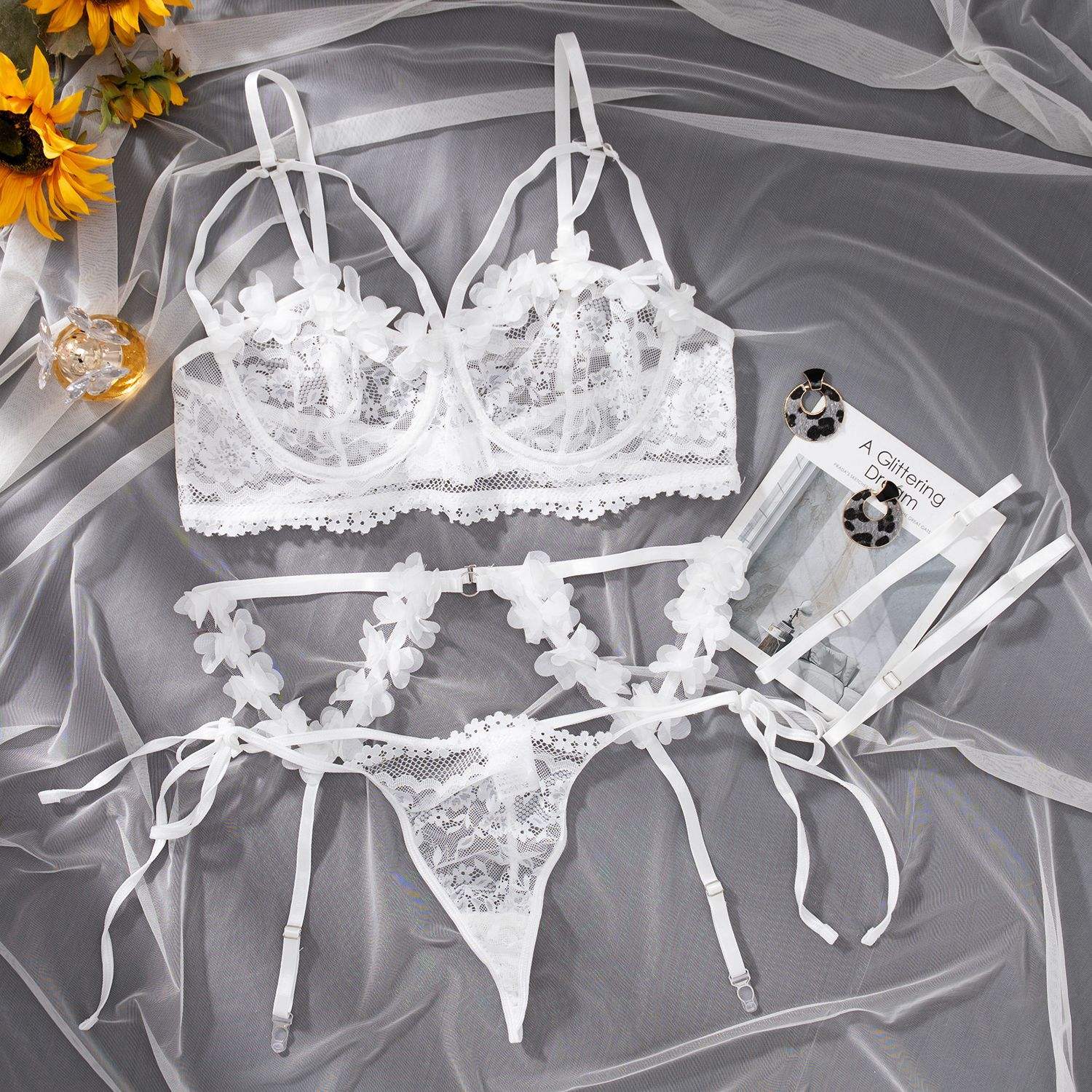 LS-2 | Ivory Blossom Lace 3-Piece Lingerie Set – Floral Embroidered Bra, Thong & Garter Straps