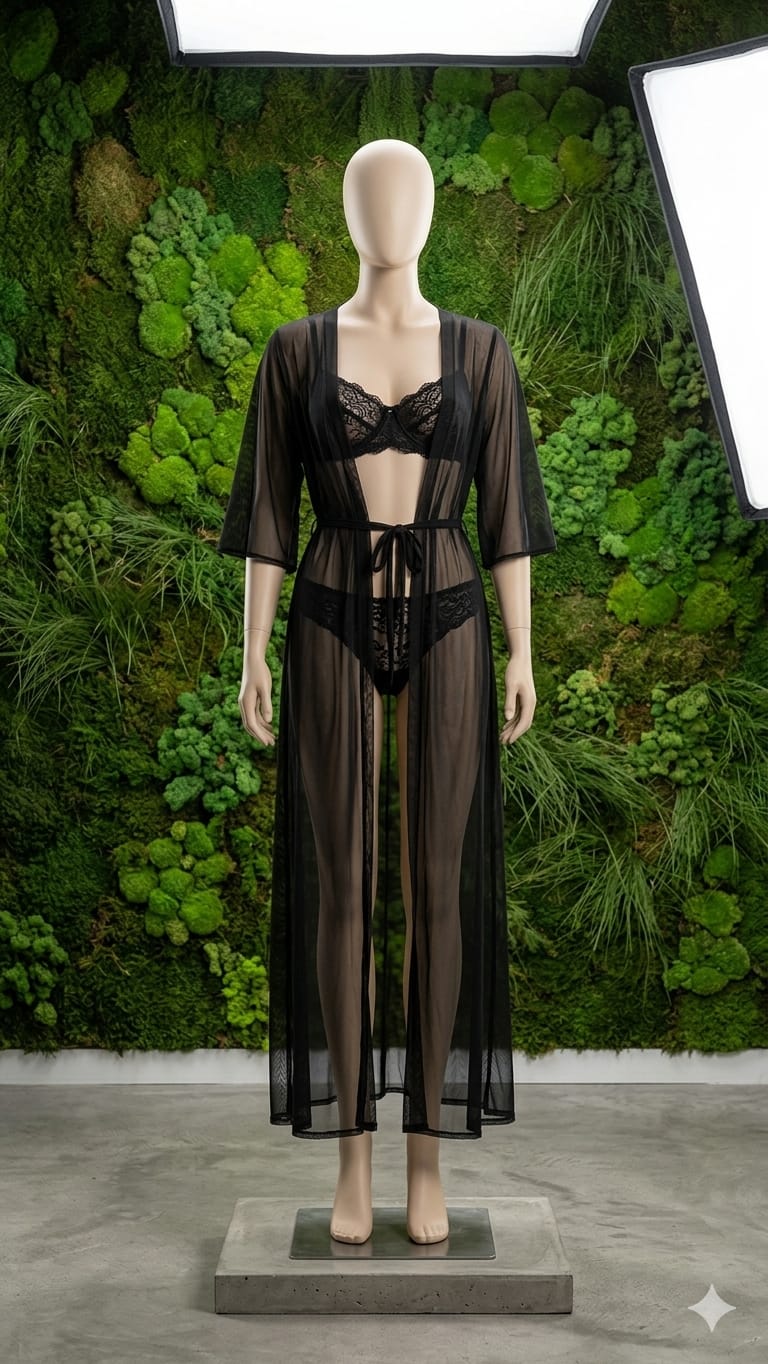 Black Sheer Mesh Robe Lingerie Set
