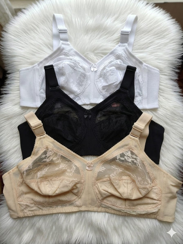 Full Coverage Lace Bra – White, Black & Nude